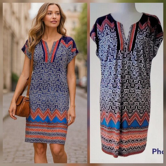 Laundry By Shelli Segal Navy Blue White Orange Print Shift Dress Size M - Picture 1 of 11
